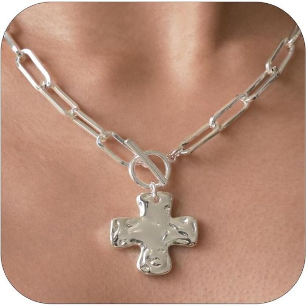 Gold Chunky Cross Necklace for Women - Statement Layered Hammered Cross Pendant - Picture 1 of 6